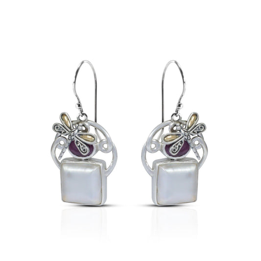 ruby earrings 925 sterling silver with genuine square mabe pearl and decorated with 18K yellow gold dragonfly ornament