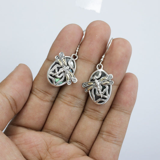 dragonfly earrings 925 sterling silver and 18k yellow gold with genuine black shell