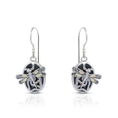 dragonfly earrings 925 sterling silver and 18k yellow gold with genuine black shell