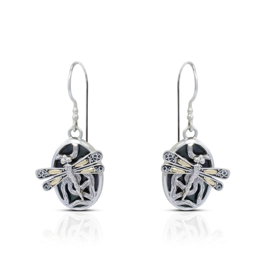 dragonfly earrings 925 sterling silver and 18k yellow gold with genuine black shell