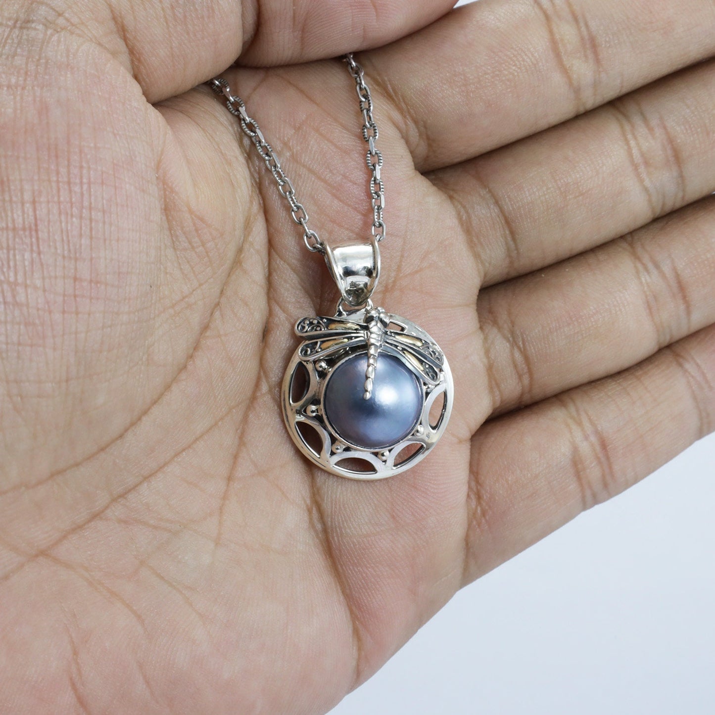 blue mabe pearl pendant 925 sterling silver decorated with dragonfly and 18K yellow gold ornament