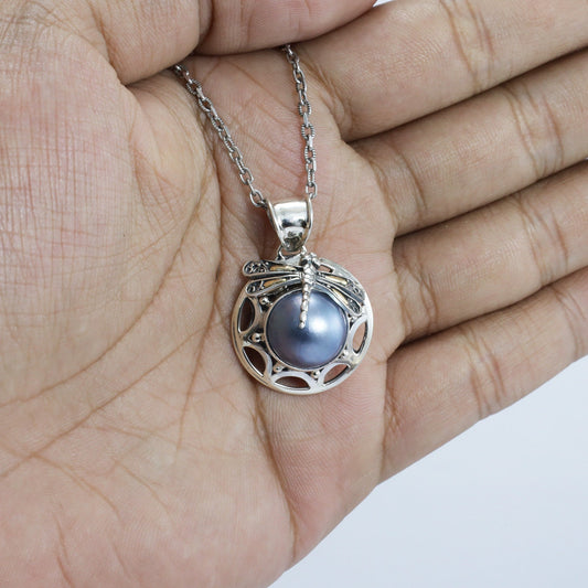 blue mabe pearl pendant 925 sterling silver decorated with dragonfly and 18K yellow gold ornament