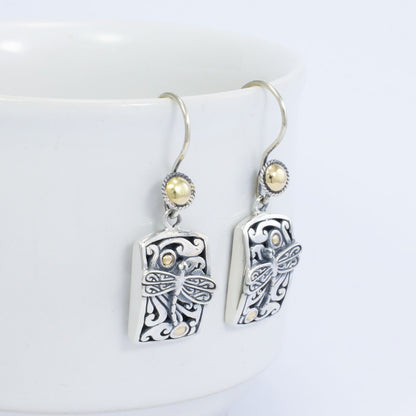 Square earrings dangle 925 sterling silver decorated with 18K yellow gold, dragonfly ornament and open work filigree