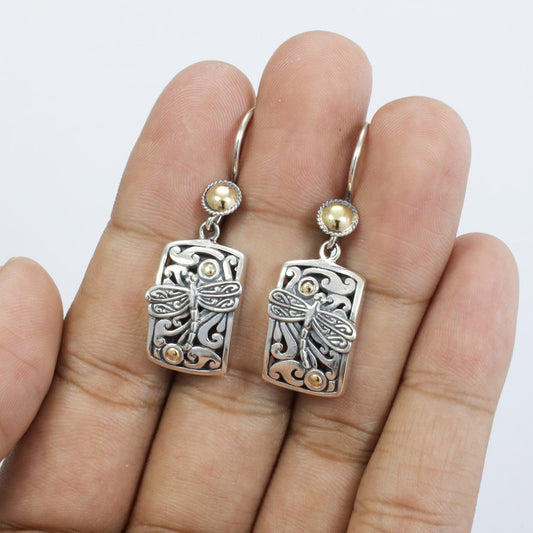 Square earrings dangle 925 sterling silver decorated with 18K yellow gold, dragonfly ornament and open work filigree