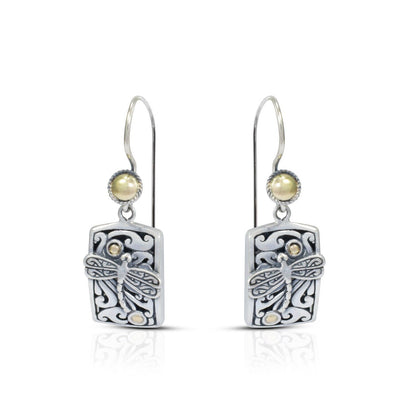Square earrings dangle 925 sterling silver decorated with 18K yellow gold, dragonfly ornament and open work filigree