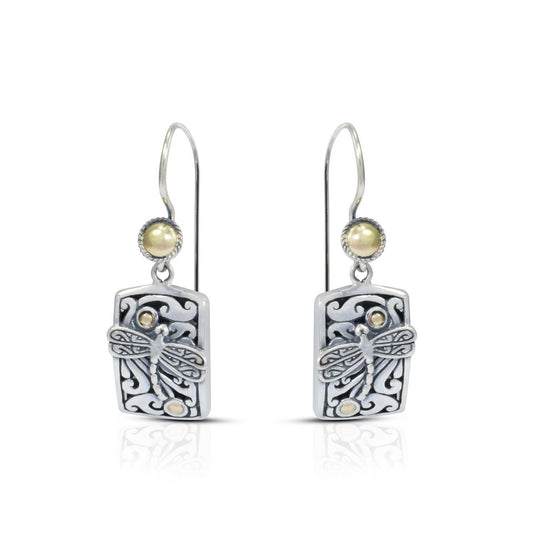 Square earrings dangle 925 sterling silver decorated with 18K yellow gold, dragonfly ornament and open work filigree