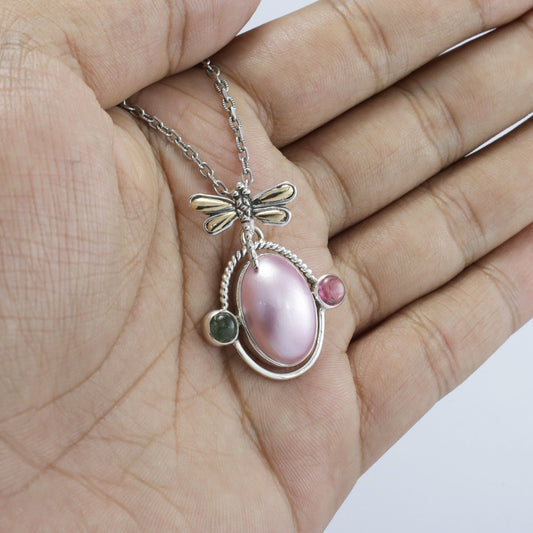 oval pearl pendant 925 sterling silver decorated with 18K yellow gold dragonfly ornament and multi color tourmaline