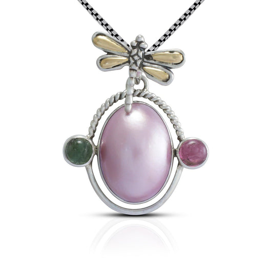 oval pearl pendant 925 sterling silver decorated with 18K yellow gold dragonfly ornament and multi color tourmaline