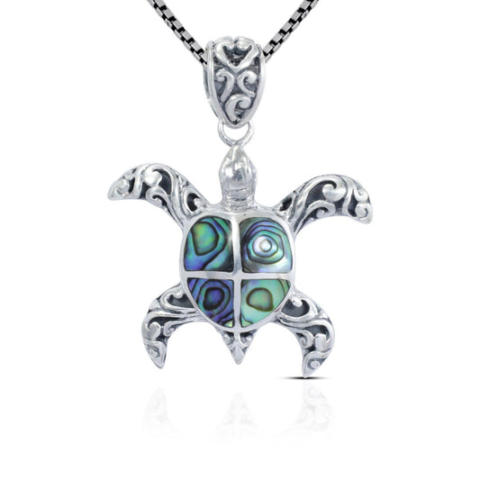 blue Turtle pendant 925 sterling silver decorated with swirl filigree ornament and abalone