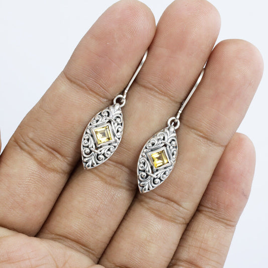 Marquise earrings 925 sterling silver with natural yellow citrine and filigree ornament