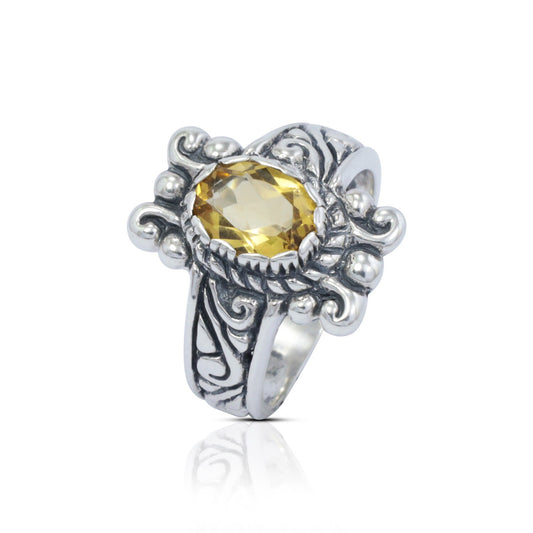 Genuine yellow citrine ring 925 sterling silver decorated with Bali swirl filigree inspired