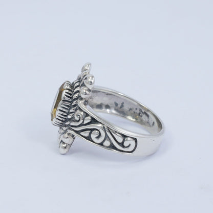 Genuine yellow citrine ring 925 sterling silver decorated with Bali swirl filigree inspired