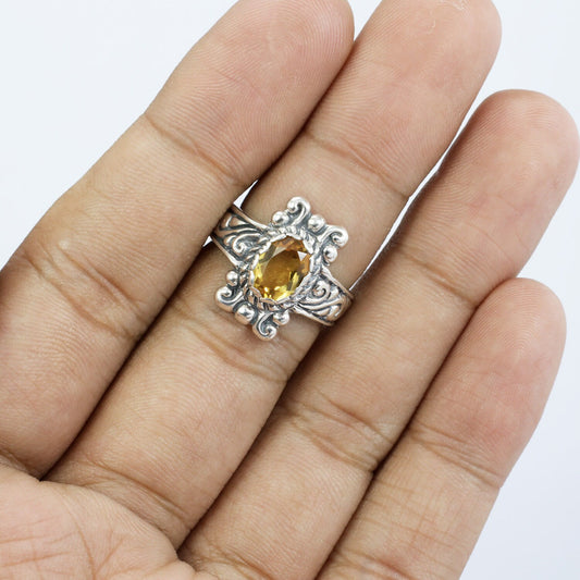 Genuine yellow citrine ring 925 sterling silver decorated with Bali swirl filigree inspired
