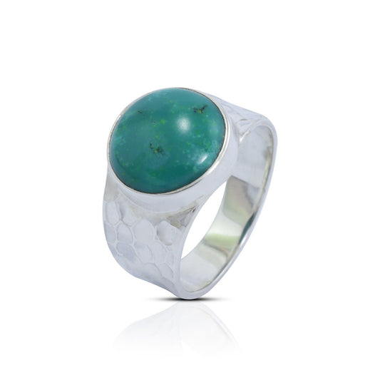 turquoise ring 925 sterling silver with wide band bezel setting and hammered ornament