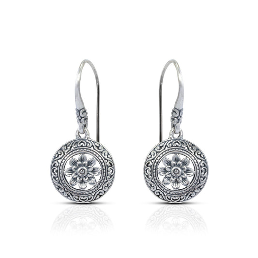 lotus flower earrings 925 sterling silver oxidized finishing decorated with Bali ornament inspired