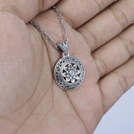 silver lotus flower pendant 925 sterling decorated with swirl filigree ornament and antique finishing