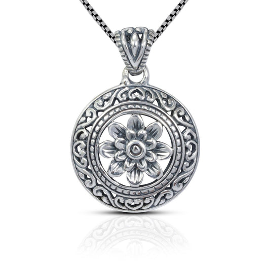 silver lotus flower pendant 925 sterling decorated with swirl filigree ornament and antique finishing