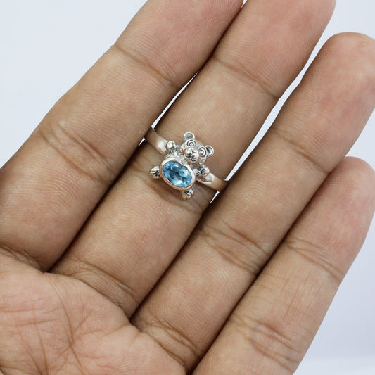 teddy bear ring 925 sterling silver with genuine blue topaz