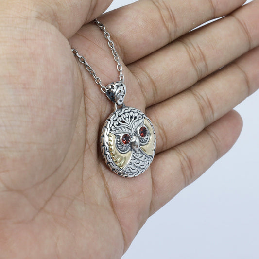 owl pendant silver 925 sterling decorated with 18K yellow gold and genuine red garnet