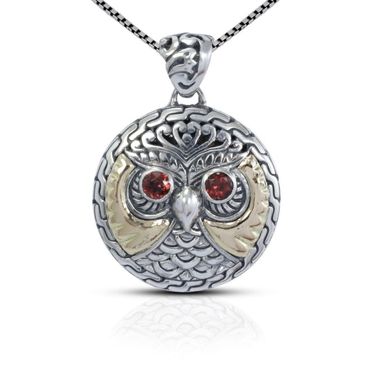 owl pendant silver 925 sterling decorated with 18K yellow gold and genuine red garnet