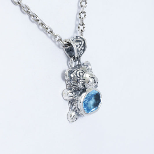 bear pendant 925 sterling silver with genuine blue topaz with antique finishing