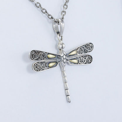 925 sterling silver dragonfly pendant necklace with 18K yellow gold and detailed filigree art