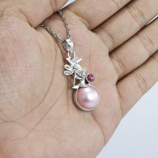 pink Mabe pearl pendant 925 sterling silver with genuine tourmaline decorated with 18K yellow gold dragonfly ornament