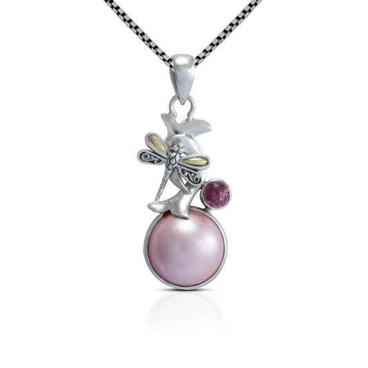 pink Mabe pearl pendant 925 sterling silver with genuine tourmaline decorated with 18K yellow gold dragonfly ornament
