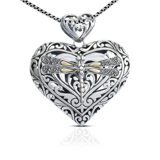 heart shape pendant necklace 925 sterling silver with beautiful ornament art and 18 K yellow gold dragonfly