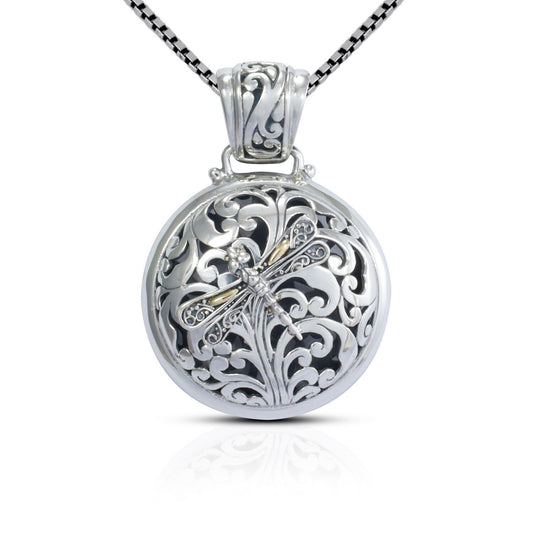 Round pendant 925 sterling silver decorated with Bali inspired filigree and 18K yellow gold dragonfly
