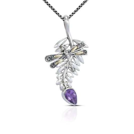 silver leaf pendant necklace 925 sterling silver with genuine amethyst and 18K yellow gold dragonfly ornament