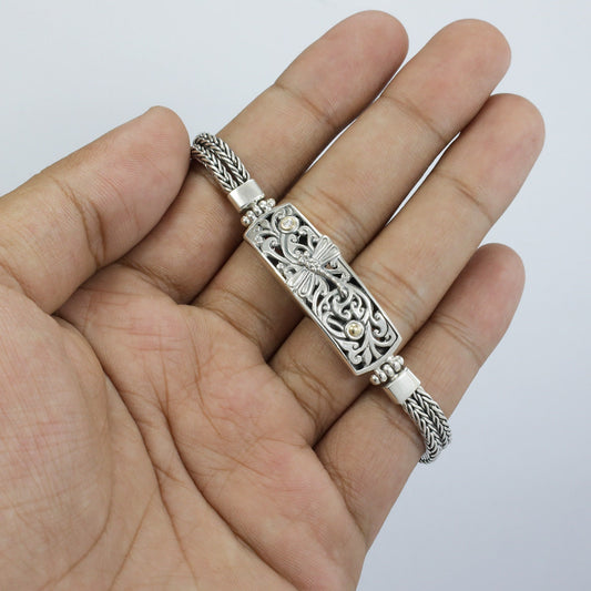 chain bracelet 925 sterling silver with real diamond, filigree ornament bar and 18K yellow gold