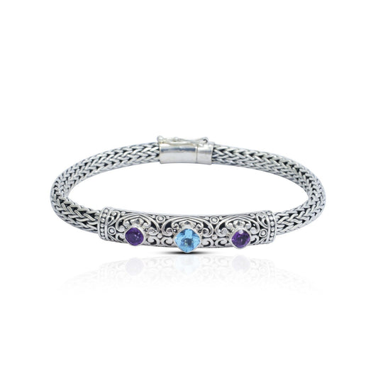 925 sterling silver bracelet 8.5" inch length decorated with genuine blue topaz and amethyst, woven chain bracelet