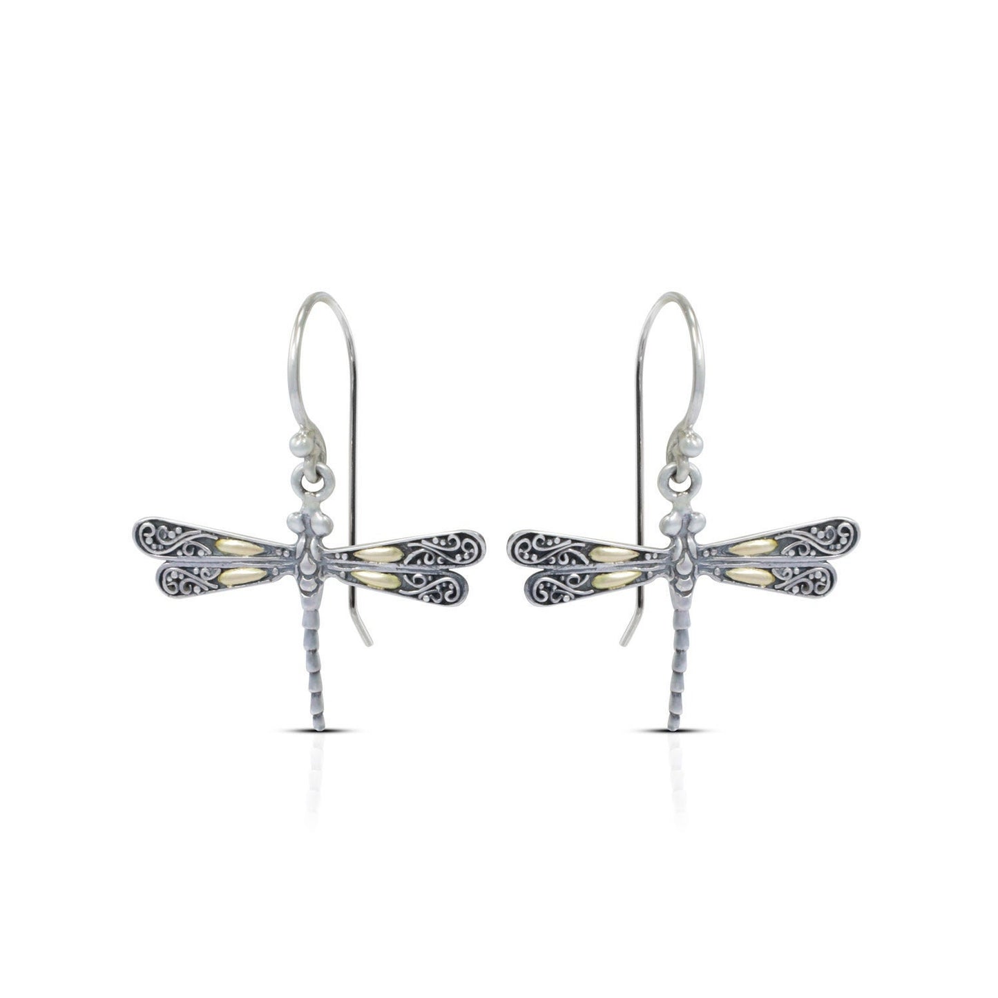 dragonfly earrings 925 sterling silver and 18K yellow gold decorated with detailed filigree ornament