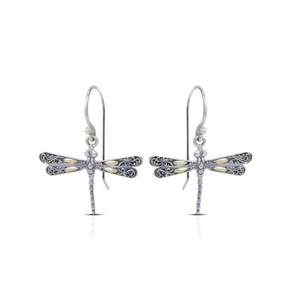 dragonfly earrings 925 sterling silver and 18K yellow gold decorated with detailed filigree ornament