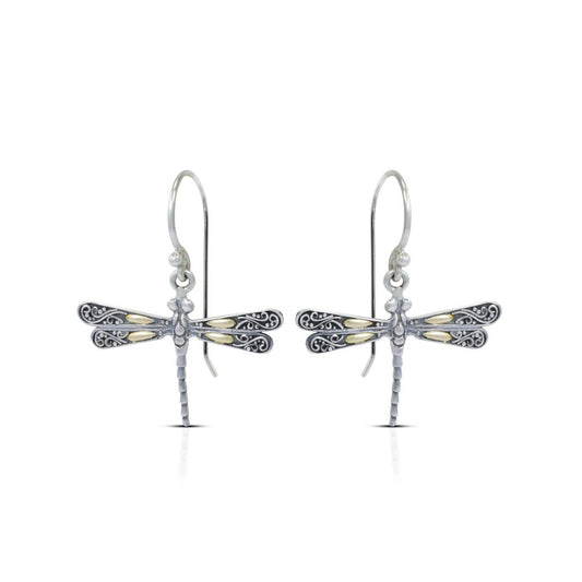 dragonfly earrings 925 sterling silver and 18K yellow gold decorated with detailed filigree ornament