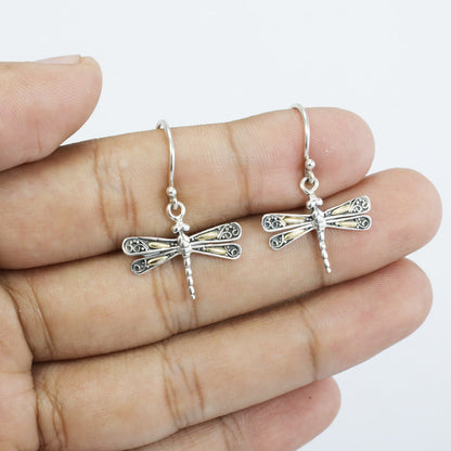 925 sterling silver dragonfly earrings dangle drop with 18K yellow gold and detailed filigree