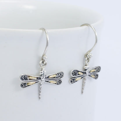 925 sterling silver dragonfly earrings dangle drop with 18K yellow gold and detailed filigree