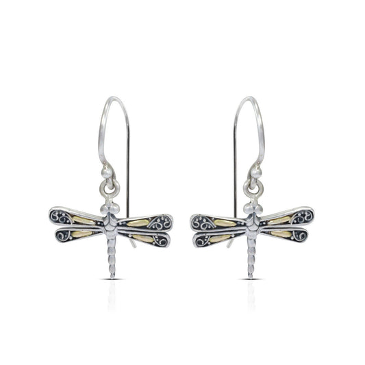 925 sterling silver dragonfly earrings dangle drop with 18K yellow gold and detailed filigree