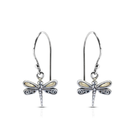 cute dragonfly earrings 925 sterling silver with 18K yellow gold and detailed filigree