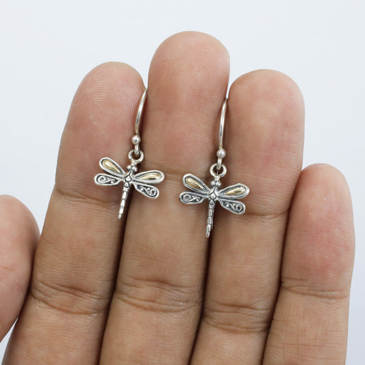cute dragonfly earrings 925 sterling silver with 18K yellow gold and detailed filigree