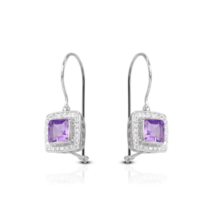 square amethyst earrings 925 sterling silver rhodium coated with kidney lock