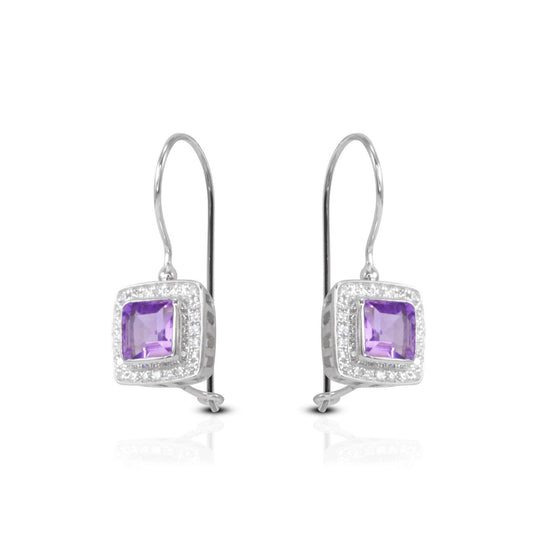 square amethyst earrings 925 sterling silver rhodium coated with kidney lock