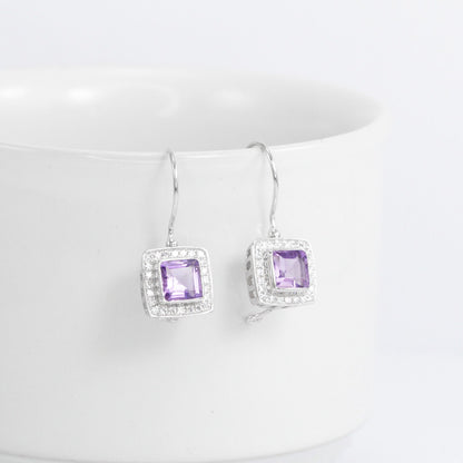 square amethyst earrings 925 sterling silver rhodium coated with kidney lock