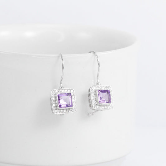 square amethyst earrings 925 sterling silver rhodium coated with kidney lock