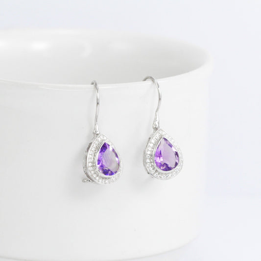 drop amethyst earrings 925 sterling silver rhodium coated with kidney lock