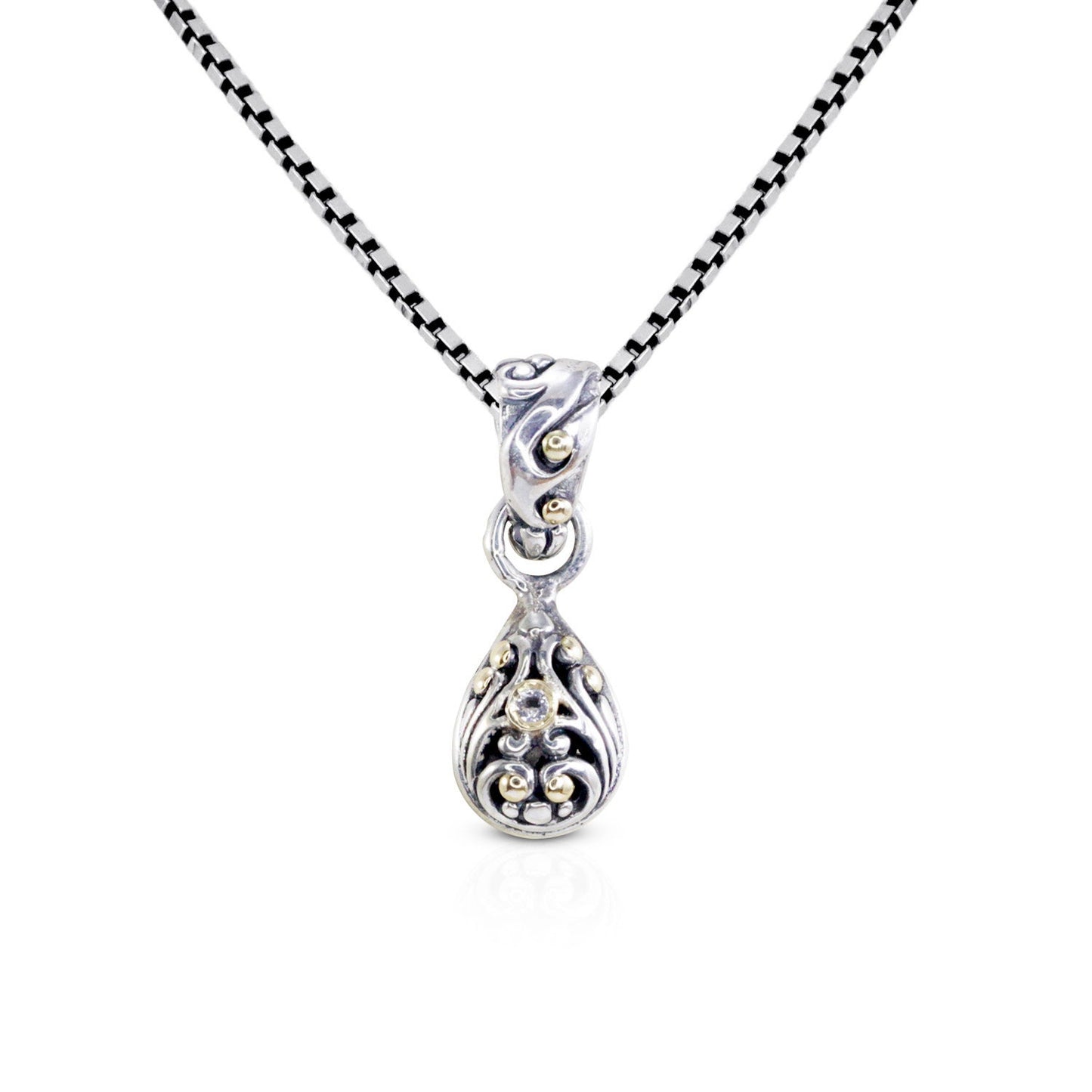 Tiny pendant necklace 925 sterling silver decorated with 18k gold dot and filigree ornament
