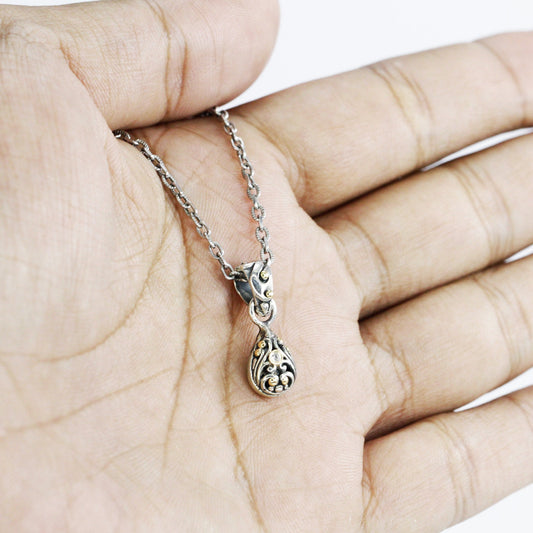 Tiny pendant necklace 925 sterling silver decorated with 18k gold dot and filigree ornament