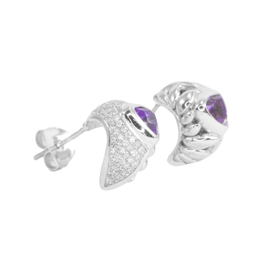 huggie earrings stud 925 sterling silver with genuine amethyst and white zirconia
