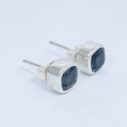 genuine London blue topaz earrings stud 6 mm square bezel set 925 sterling silver